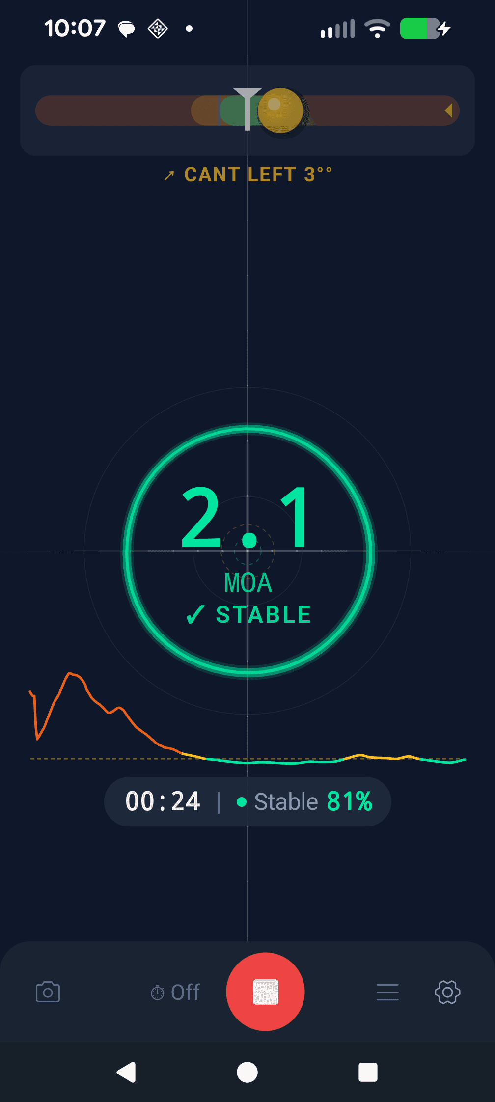 SniperPulse Android app showing live MOA stability readout, cant indicator, and wobble trace